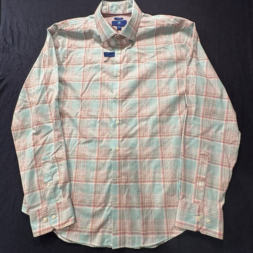 Egara Mens Plaid No Iron Stretch Button Up Dress Shirt XXL Flip Cuff 100% Cotton